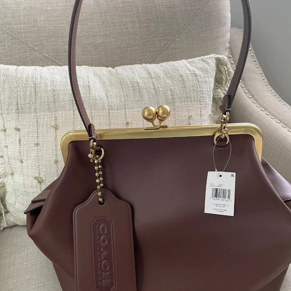 Coach Brown Leather Kiss-Lock Frame Satchel with Gold Hardware - Picture 9 of 11